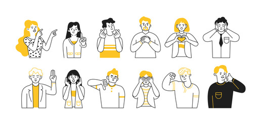 Characters gesturing doodle line and  color cartoon illustration set. Communication signs of body linear sketch vector people collection