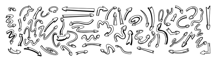 Hand-crafted arrow illustration set with 3d effect. Drawing captivating illusion of symbols in monochrome style on white background