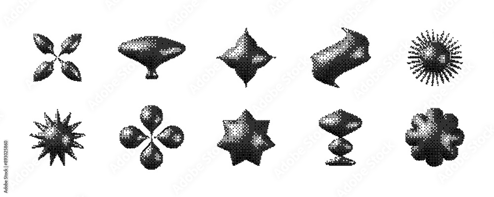 Poster pixelated 3d y2k shape set. bitmap stars, flowers, sparkles, waves element collection. retro 8 bit s
