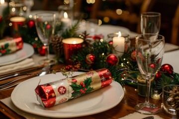 Christmas Table Setting with Crackers and Decorations