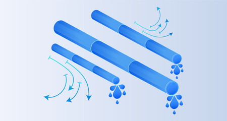 Isometric water dripping from a pipe on white background.  industrial drainage systems