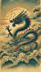 Fototapeta premium 墨絵、日本画、浮世絵／龍（ドラゴン）
