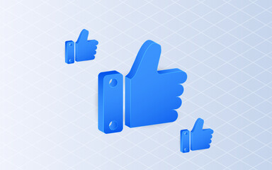 Isometric thumb up hand gesture on white background. Like symbol concept