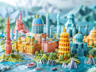 Obraz premium vibrant and colorful digital illustration of a cityscape with traditional Chinese architecture.