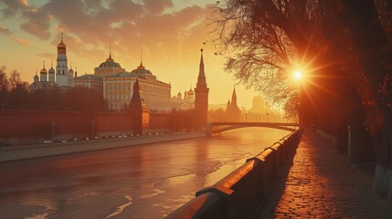 Obraz premium A View of a City at Sunset With a River Running Through the Middle of It - Generative AI