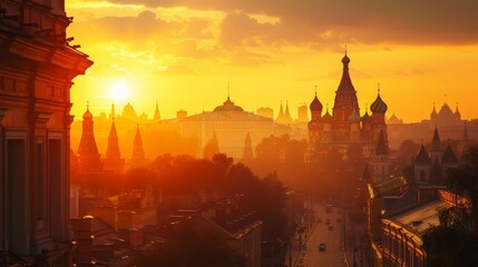 Obraz premium A View of a City at Sunset With Buildings in the Background and a Clock Tower in the Foreground - Generative AI