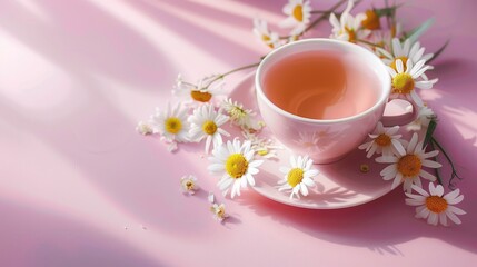 Fototapeta premium Pink cup of chamomile tea and bouquet on pink backdrop. Daisies in a cup. Chamomile tea. Photo