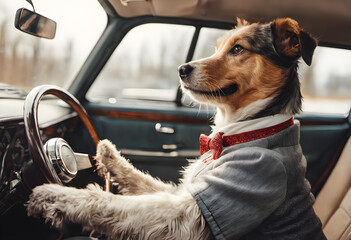 cut dog in fancy suit sits behind the wheel of a car