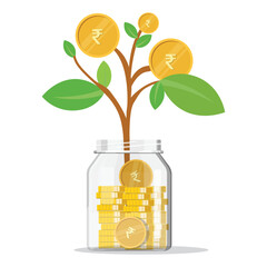 Rupee plant growth in money jar, investment, mutual fund concept vector illustration