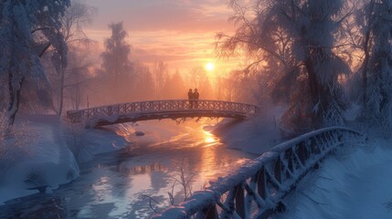 A Couple of People Standing on a Bridge Over a Snow Covered River at Sunset - Generative AI