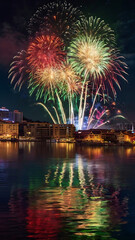 fireworks over the water, fireworks of different colors over the city while looking from the opposite bank of the river and fireworks are making shine on the water surface