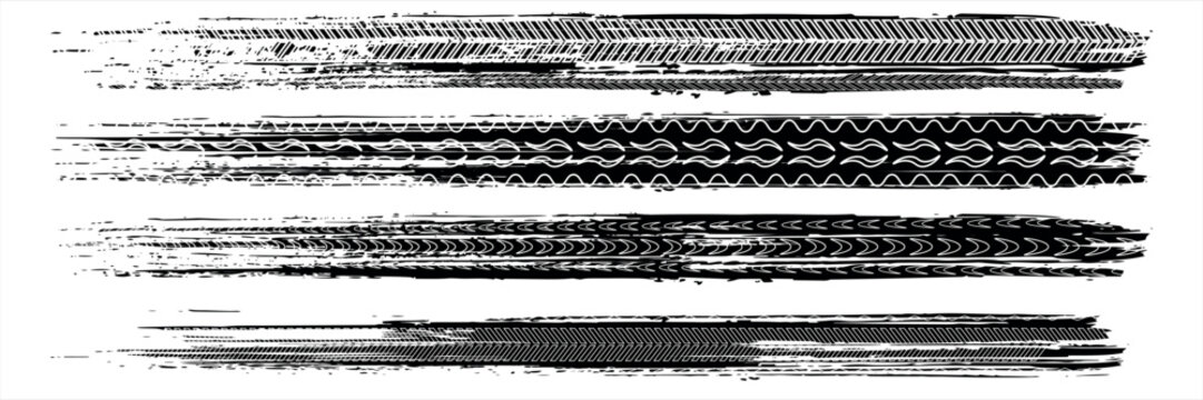 Black tire sign pattern isolated on white background with clipping path, burnt and broken tire texture for graphic design. modern.