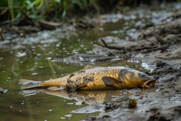 A Dead Carp Fish in Shallow Water