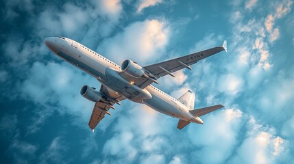 Fototapeta premium A Large Passenger Jet Flying Through a Cloudy Blue Sky With White Clouds in the Background - Generative AI
