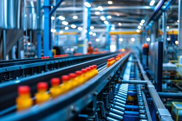 Conveyor Belt Carrying Bottles in a Manufacturing Plant