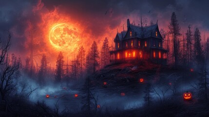 A House in the Middle of a Field With Pumpkins on It and a Full Moon in the Sky - Generative AI