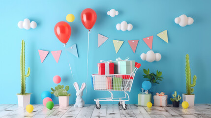 Colorful Party Decorations with Shopping Cart and Gift Boxes..