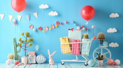 Colorful Party Decorations with Shopping Cart and Gift Boxes..
