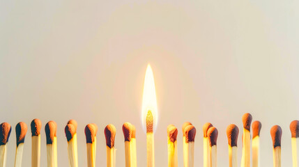 Single Lit Match Among Unlit Matches on White Background