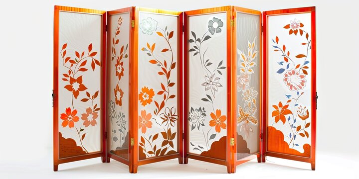 elegant orange wooden folding screen with frosted glass to divide a room with floral pattern on white background 