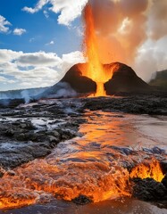 Fototapeta premium Molten lava flows through a riverbed creating a fiery spectacle