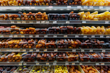 Assorted Dates on Display: Colorful Grocery Store Arrangement