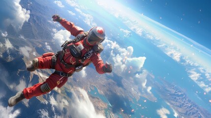 A Man in a Red Jumpsuit Skydiving Over the Clouds and Earth - Generative AI