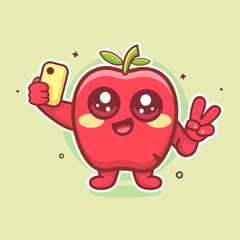 smiling apple fruit character mascot taking a selfie with a smartphone isolated cartoon