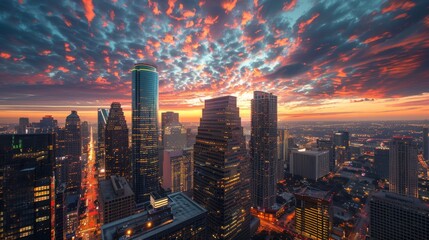 Fototapeta premium A View of a City Skyline at Dusk With the Sun Setting In the Background - Generative AI