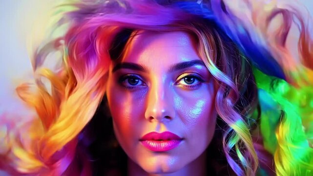 The models hair is transformed into a kaleidoscope of vibrant colors framing her face like a beautiful and ethereal halo.