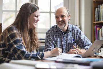 Obraz premium Smiling Man and Woman Talking and Working on a Project