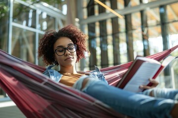 Young Woman Relaxing in a Hammock with a Book
