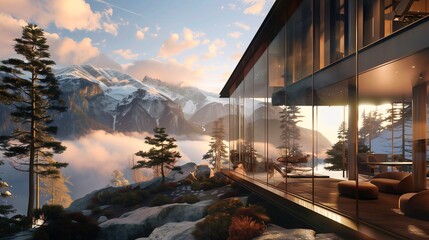 Fototapeta premium Realistic Mountain Retreat for Digital Professionals: Stunning Views, Advanced Workspaces, and Outdoor Activities
