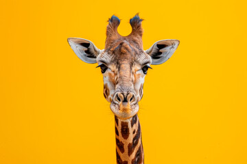 Obraz premium Giraffe head on yellow wall background, closeup of photo