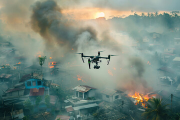 Drone used for disaster relief and emergency response. Aerial reconnaissance in disaster-stricken areas. Situational awareness and supporting rescue operations with real-time data and surveillance.