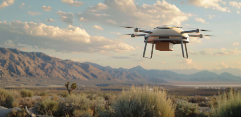 Hybrid drone used for aerial delivery, dropping a package to a remote rural location. Efficient aerial delivery technology for modern logistics and unmanned transport solutions. Drone delivery.