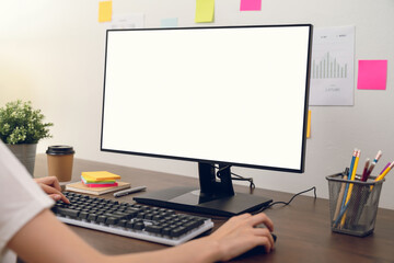 Businesswoman using computer and hand type on the keyboard, Mockup screen of advertisement.