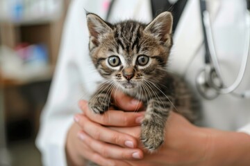 Adorable Kitten Being Held By a Veterinarian