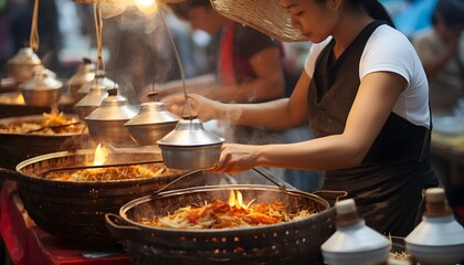 Fototapeta premium Women cook on asian street market