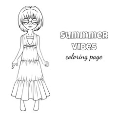 Printable coloring page featuring a cute girl in summer dress and glasses, perfect for kid's activities.