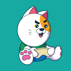 a cartoon cat with an orange pattern on its head is sitting playing a game, holding a game stick