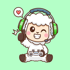 Cute Sheep Gaming Cartoon Vector Icon Illustration