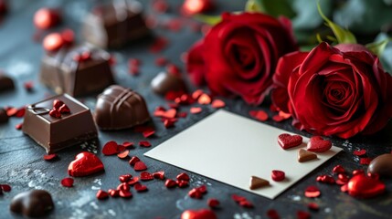A Picture of a Red Rose and Chocolates Next to a Blank Card - Generative AI