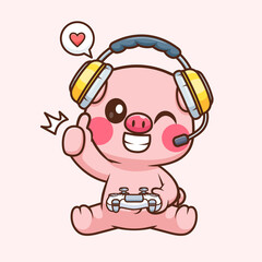 Cute Pig Gaming Cartoon Vector Icon Illustration