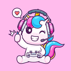  Cute Unicorn Gaming Cartoon Vector Icon Illustration