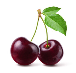 Cherry with stem and leaf isolated on white background.