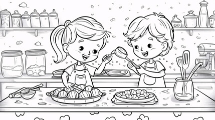 Friends cooking or baking together, friendship day coloring page, delicious with copy space.