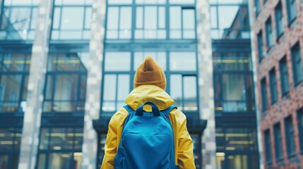 Fototapeta premium Back view of a child with a yellow jacket and blue backpack facing an academy building with large windows