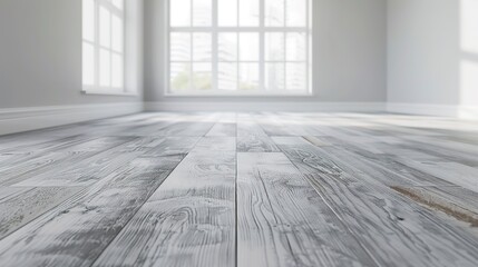 Obraz premium Empty room with whitewashed grey laminate flooring, parquet boards and wall in the background. Sample of flooring for home, apartment, selective focus
