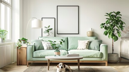Stylish interior design of living room with modern mint sofa wooden console coffee table lamp plant mock up poster frame pillows plaid decoration and beautiful dog lying on the floor